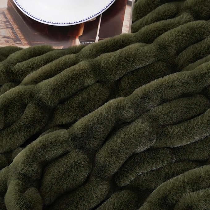 BATTILO HOME Olive Green Faux Fur Throw Blanket for Bed, Large Double Side Reversible Ruched Faux Rabbit Fur Throw for Couch, Bed, Super Soft Blanket Cozy Warm Mink Blanket, 60"x80"
