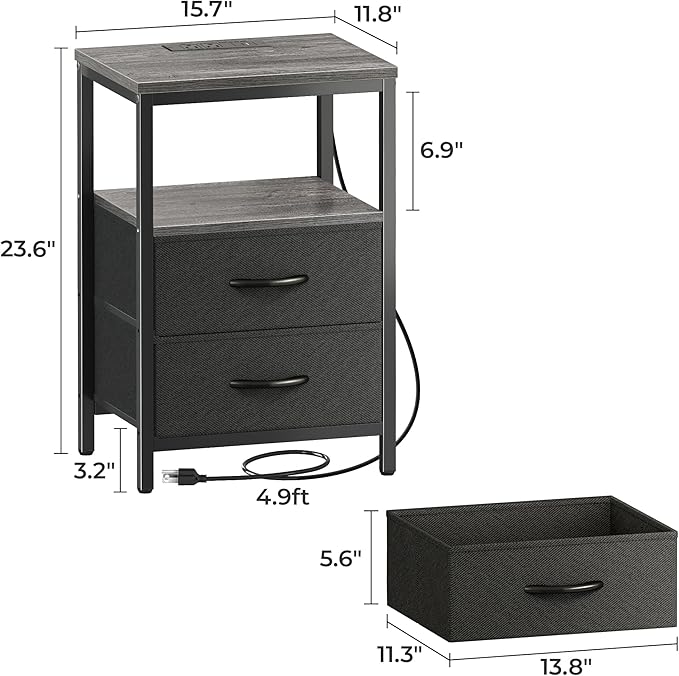 Huuger Nightstand with Charging Station, Side Table with Fabric Drawers, End Table with Open Shelf, Bedside Table with USB Ports and Outlets, Night Stand for Bedroom, Charcoal Gray | with Open Shelf, for Bedroom