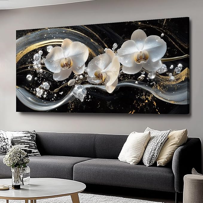 White Orchid Canvas Wall Art - Modern Floral Picture for Living Room, Bedroom Wall Decor, Framed Wall Art for Home Decoration, Elegant Flower Paintings Ready to Hang, Large Wall Art 60x120cm(24x48in)