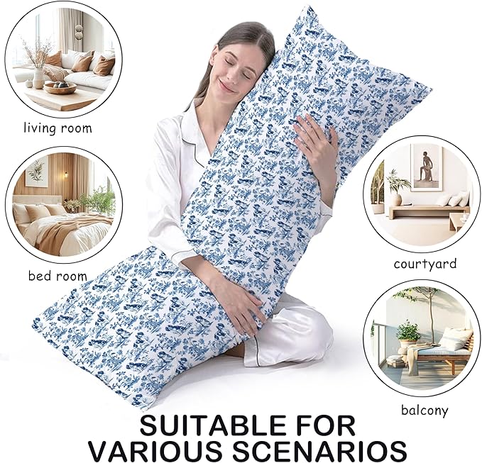 Chinoiserie Cavalier King Charles Spaniel Dog 20x54 Body Pillow Cover with Zipper,Blue and White Grandmillennial French Country Cavalier Dog Decorative Body Pillow Cases for Bed Couch