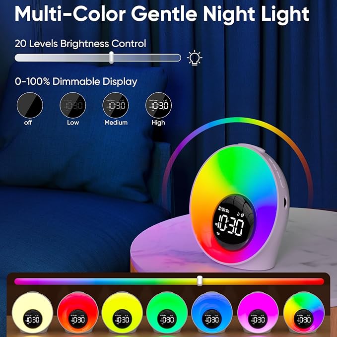 Wake Up Light Sunrise Alarm Clock - Sunrise Simulation & White Noise Machine with 30 Soothing Sounds, 14 Color Dimmable Night Light, Dual Alarms for Heavy Sleepers/Adults/Kids, Digital Clock Timer