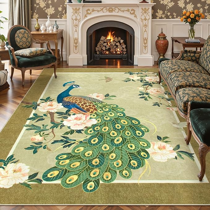 Lahome Peacock Area Rugs 8x10, Soft Washable 8x10 Rugs for Living Room, Floral Non Slip Vintage Ultra-Thin Stain Resistance Large Carpet for Bedroom Office Farmhouse Dining Room, Beige