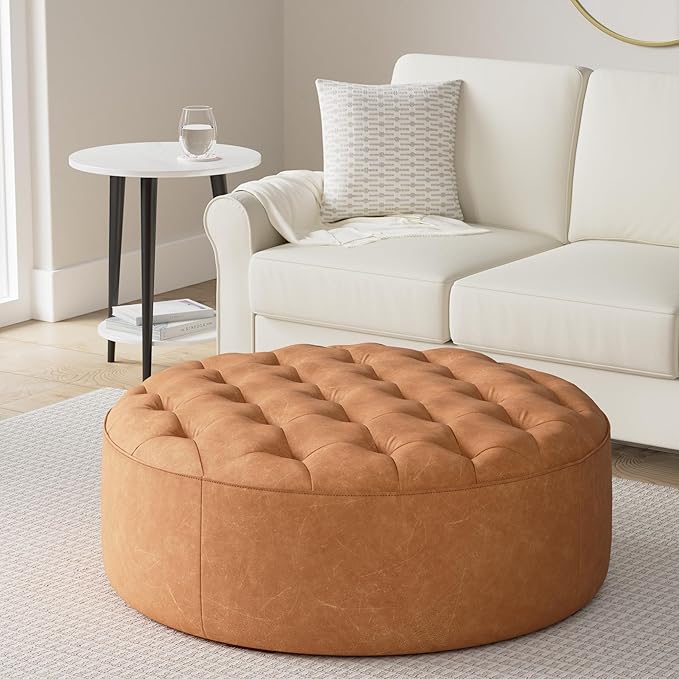 POLY & BARK Ascot Ottoman – 40" Round Pouf with Feather-Down Topper – Full-Grain Leather Upholstered Pouf Ottoman for Living Room – Vintage Italian Leather in Cognac Tan