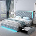 King Led Bed Frame with 2 Drawers, Upholstered Storage Platform Bed Frames with Crystal Button Tufted Headboard, Solid Slats Support, Noise Free, No Box Spring Needed, Velvet Grey