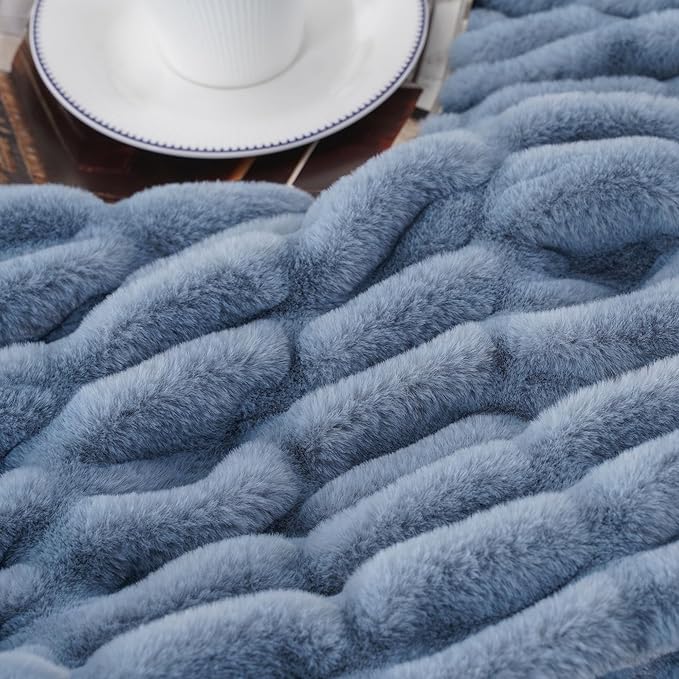 BATTILO HOME Faux Fur Throw Blanket for Couch, Super Soft Cozy Blanket, Double Sided Ruched Rabbit Faux Fur Blanket for Bed, Living Room, 50"x60", Bluish Grey