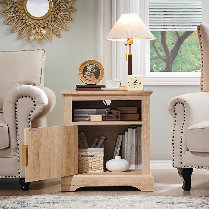 22" Large Fluted Nightstand with Charging Station, Modern End Table, Wood Side Table w/Open Shelf & Spacious Tabletop, Bedside Table with Storage Space for Bedroom, Living Room-Natural