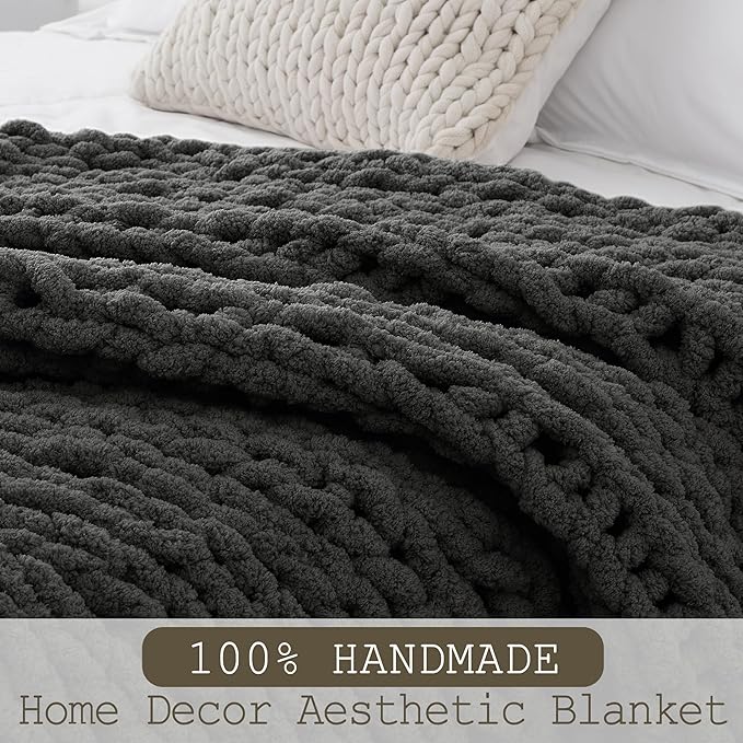 Chunky Knit Throw Blanket 50"X 60", 100% Handmade with Soft Chenille Yarn, 4.4lbs Thick Cable Knitted Blankets, Large Rope Knot Crochet Throws for Couch Sofa Bed Home Decor, Dark Grey