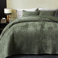 Velvet Quilt King Size, Oversized Bedspread Quilted Bedding Set, Luxurious Soft Coverlet Set Lightweight Velvet Comforter for All Season with 2 Pillow Shams, 96x106" Army Green Striped Quilt Set