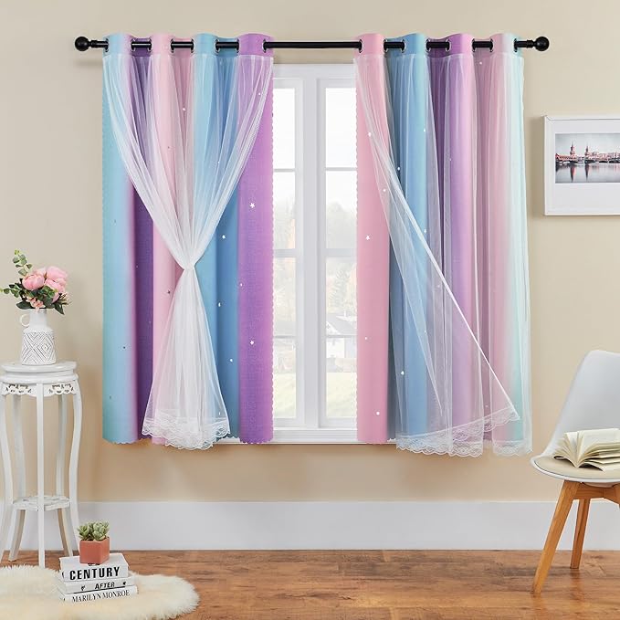 XiDi Curtains for Bedroom Decor, Rainbow Pink Purple/52/54