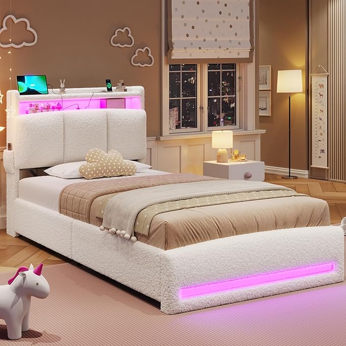 VIAGDO Twin Bed Frames with Storage Headboard and Charging Station, Boucle Upholstered Bed Frame Twin Size with 4 Drawers and LED Lights, Type C and USB, No Box Spring Needed, Cream White