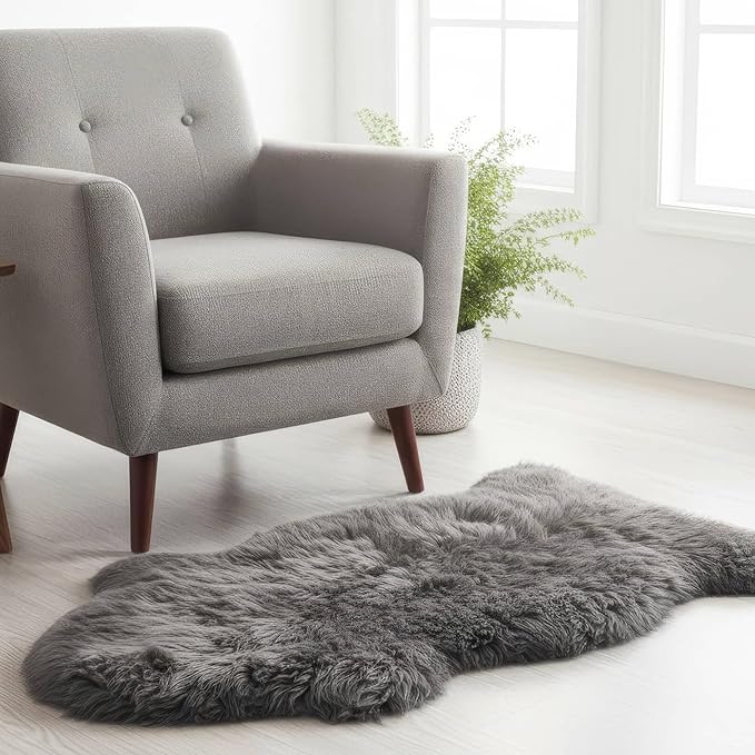 Super Area Rugs Dark Gray Sheepskin Rug - Super Soft Genuine Sheep Skin Fur Rugs - 2x3ft Fluffy Seat Cushion and Chair Cover - Great for Motorcycle Seats