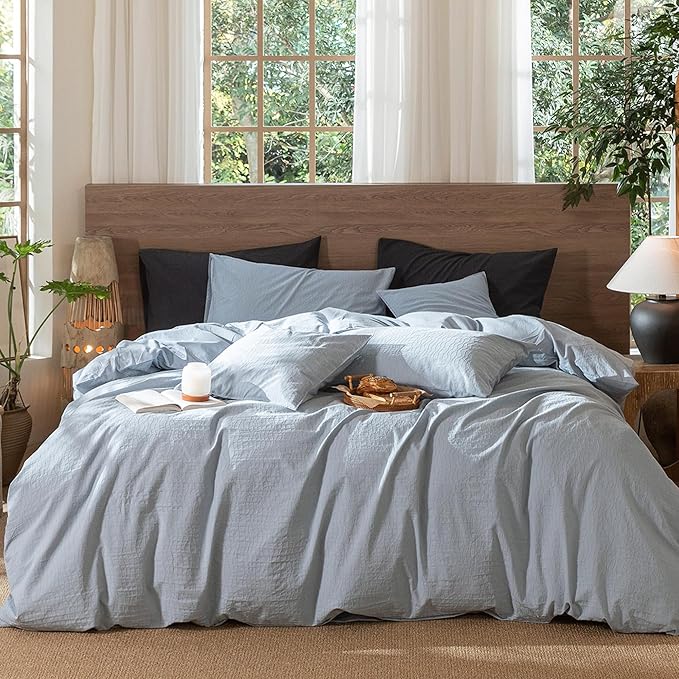 MooMee Wavy Striped Duvet Cover Set 100% Washed Cotton Linen Like Textured Breathable Durable Soft Comfy (Cornflower Blue, Cal King 104"x98")