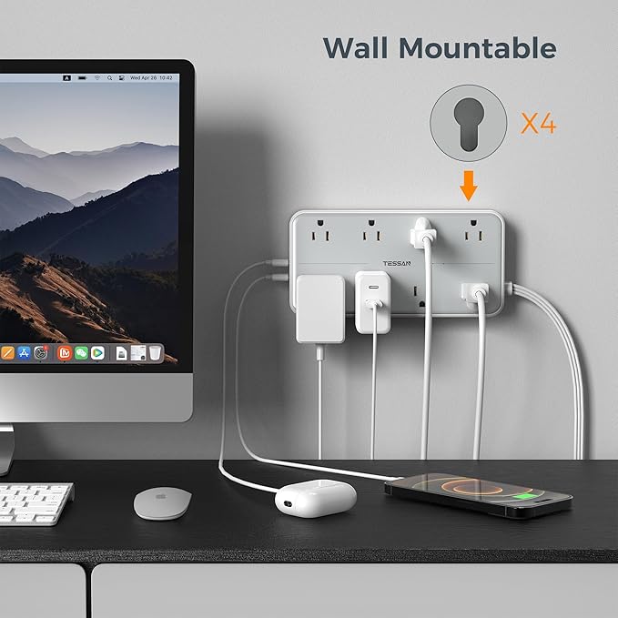 TESSAN Power Strip Surge Protector, Flat Plug Extension Cord with 8 Outlets 3 USB Charger(1 USB C), 1080 Joules Protection, Wall Mountable Charging Station for Home Office School Dorm Room Essentials