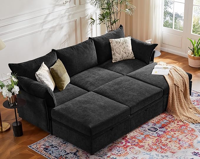 ABCASA 102.6" Luxury Modular Sleeper Sofa Bed 6 Seat Reversible Sectional Couch Deep Seat with Storage Chaises Removable Cover for Living Room, Apartment - Chenille Black