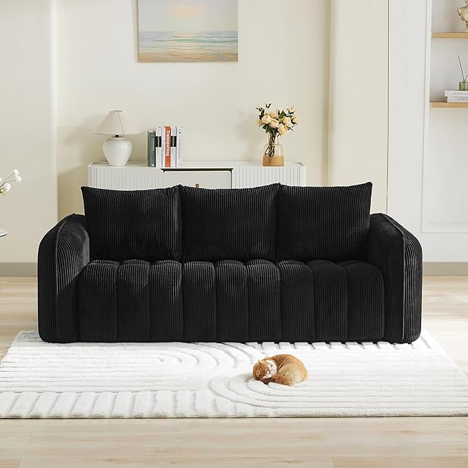 83'' Boneless Corduroy Sofa, Oversized 3 Seater Deep Seat Couch with Rounded Armrest, Modern Upholstered Cloud Sofa for Living Room, No Assembly, Black
