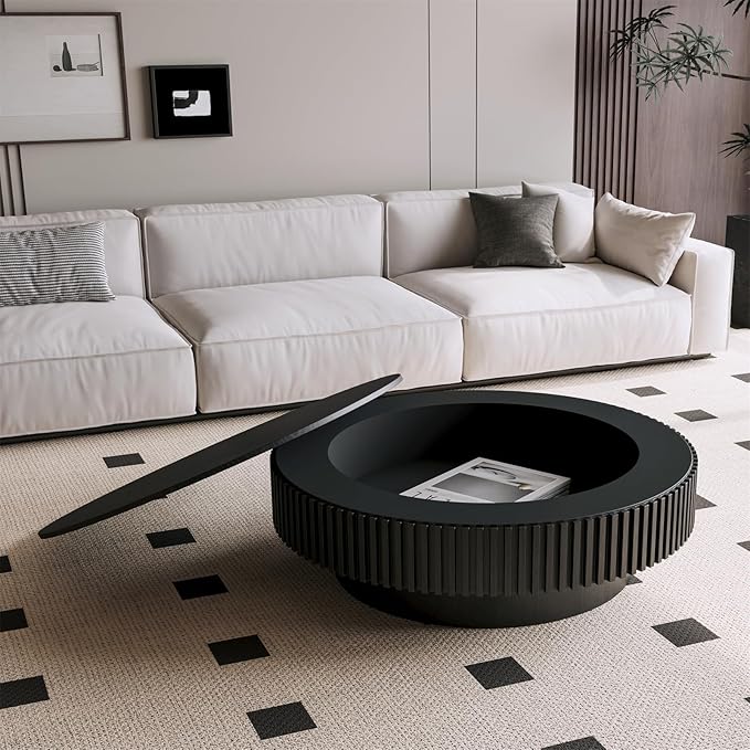 LKTART Round Coffee Table for Living Room, Accent Fluted Drum Coffee Table with Storage, Modern Solid Wood Veneered Circle Center Tea Table for Small Space Apartment (39.4''D×14''H-Black)