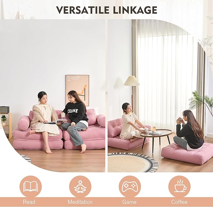 Plus Futon Sofa Bed for Small Spaces, Floor Couch with Armrest, Folding Sofa Couch, Convertible Sleeper Chair Bed with Pillow, Portable Comfy Floor Lounge for Living Room and Bedroom, Pink