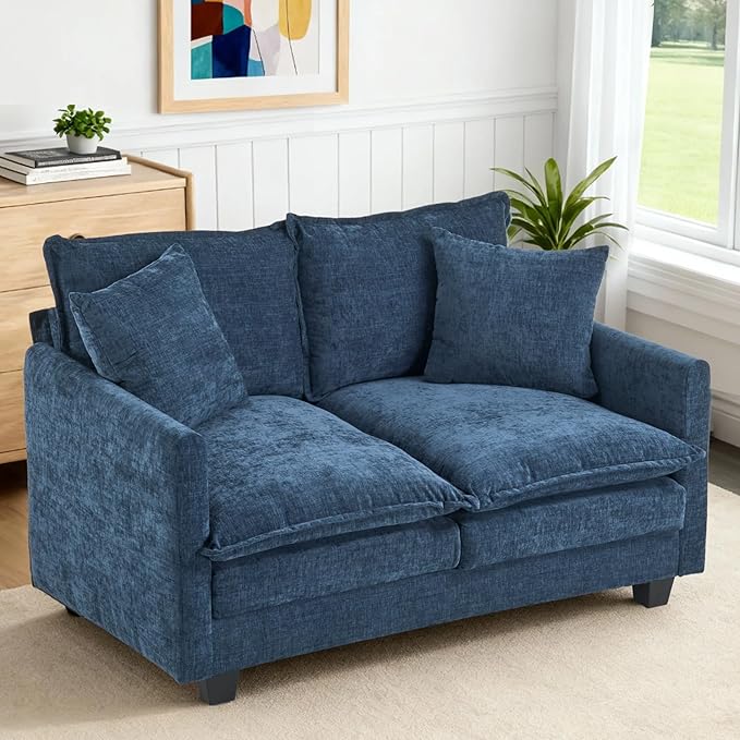 Loveseat Sofa Cloud Sofa Couch 50'', Modern Loveseats 2 Seat Couch 27" Deep Seat with 2 Pillows for Small Spaces Apartment Studio Office Bedroom Living Room 8834-BLUE