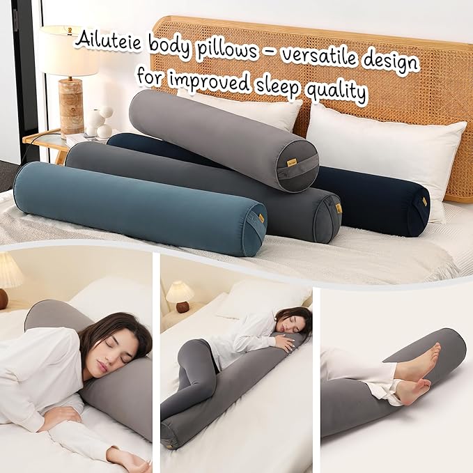 Long Pillow for Bed – Round Bolster Pillow for Adults, Body Pillow for Sleeping, Ergonomic Support,59 x 7.87 Inches,Steel Gray