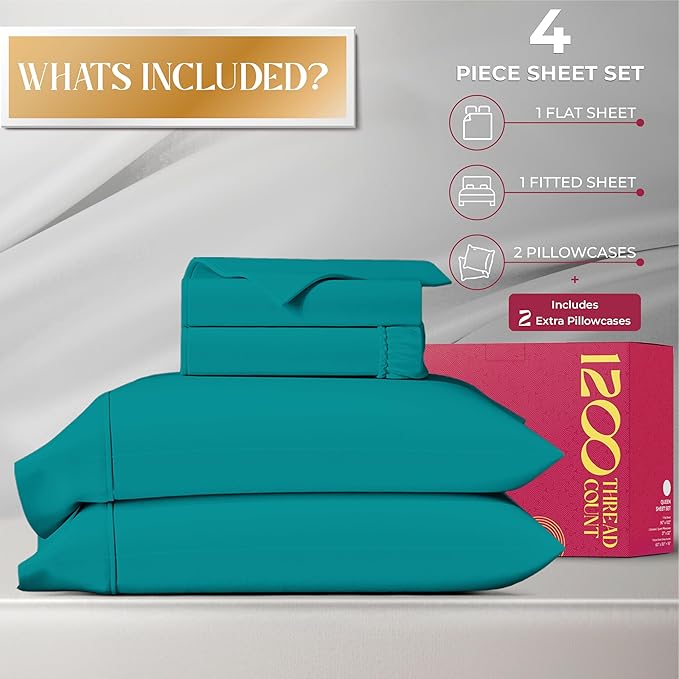 Mayfair Linen 100% Egyptian Cotton Sheets California King Size - 1200 Thread Count Cal King Size Sheets Set Egyptian Cotton, 4 PC Luxury Bedsheet (Teal), Soft, Cooling, 17" Deep Pocket Set