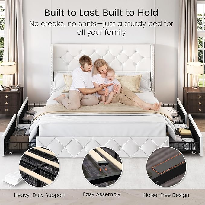 LARMACE Queen Size Bed Frame with 4 Storage Drawers and Wingback Headboard Velvet Upholstered Platform Bed Frame Tufted Beds with Wooden Slats Support, Easy Assembly, White