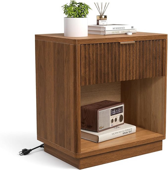 Miereirl Fluted Nightstand with Charging Station, Wood Mid Century Modern Night Stands Storage Cabinet for Bedside Table with Metal Handle Drawers, Walnut Oak