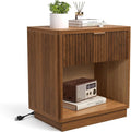 Miereirl Fluted Nightstands with Charging Station, LED Nightstand with Rounded Edge, Walnut-CP-1