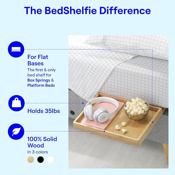 BedShelfie Bedside Shelf for Bunk Bed & Top Bunk, College Dorm Room & Loft Nightstand, Floating Bed Side Table Tray Storage - Natural Wood Slide