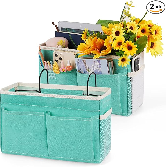 Retyion Bedside Caddy Bedside Storage Organizer Hanging Bunk Bed Dorm Room with Side Pockets for Water Bottles, Books, Cell Phones, Headphones 2 Pack (Light Blue)