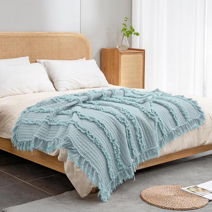 Ultra Soft Pre-Washed Warm Quilted Throw Blanket, Ruffle Fringed Blue Green Boho Decorative Throw, Stone Washed Chic Rustic Blanket for Sofa Couch Bed Chair, 50"x 60"