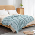Ultra Soft Pre-Washed Quilted Boho Blue Green King Size Blankets for Bed, Ruffle Fringed Decorative Throw, Stone Washed Chic Rustic Blanket for Sofa Couch Bed, 104"*90"