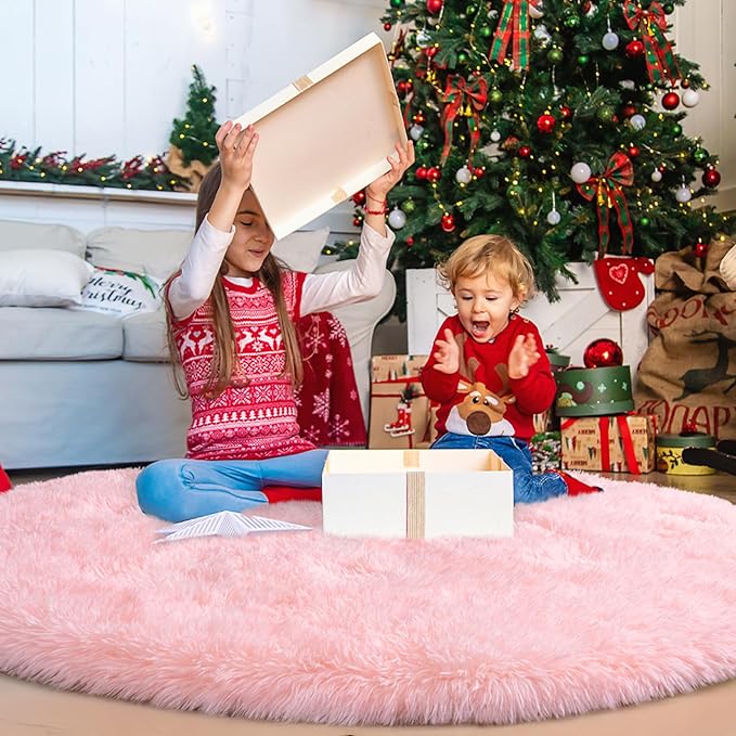 Round Fluffy Pink Rug for Bedroom, 8Ft Large Fuzzy Shag Circle Area Rug for Girls Kids Room Nursery, Soft Non Slip Plush Carpet for Dorm Living Room Home Decor