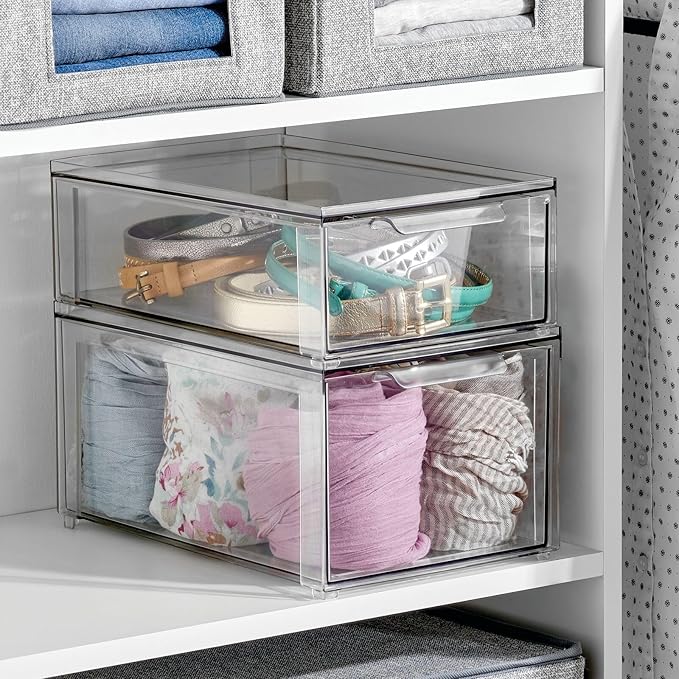 mDesign Plastic Storage Box with Drawer – Low Plastic Shoe Storage Bin – Stackable Box for Accessories etc. – Pack of 2 – Transparent