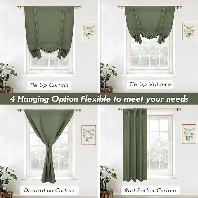 DriftAway Double Layer Linen Blackout Tie Up Curtains Thermal Insulated Fully Lined Balloon Roman Shade Bathroom Window Adjustable Rod Pocket for Small Window 25 Inch by 47 Inch Olive Green
