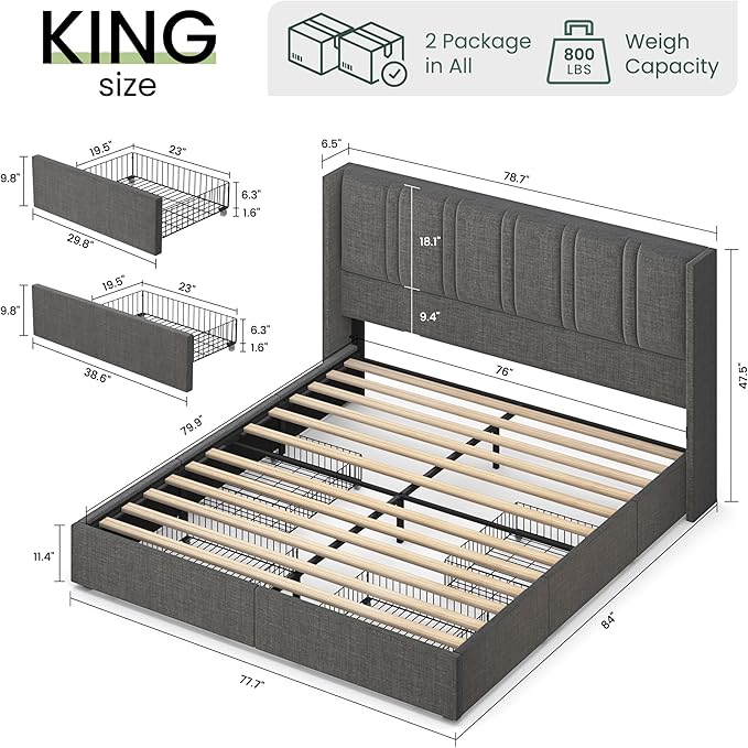 LARMACE King Size Bed Frame with Storage Drawers and Wingback Headboard, Linen Upholstered Platform Bed Frame with Wooden Slats, Easy Assembly, Light Grey