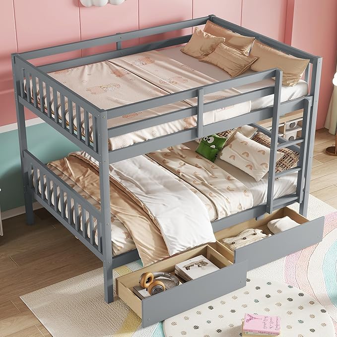 Full Over Full Bunk Bed with Storage Drawers,Convertible Bunk Beds with Ladder & Safety Guardrails,Full Size Bunk Beds for Kids Girls Boys,Grey