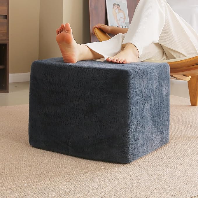 Tiita Stuffed Pouf Ottoman, Square Foot Stool Fluffy Floor Poufs Chair for Living Room Bedroom, Filled Boho Foot Rest for Couch, Blue-Grey