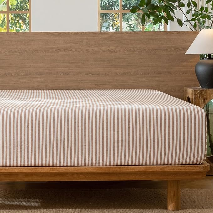MooMee Striped Fitted Bottom Sheet Only 100% Washed Cotton Linen Like Textured Breathable Durable Soft Comfy Deep Pocket Fits Mattress up to 17" (Orange Classic Stripes, Queen)