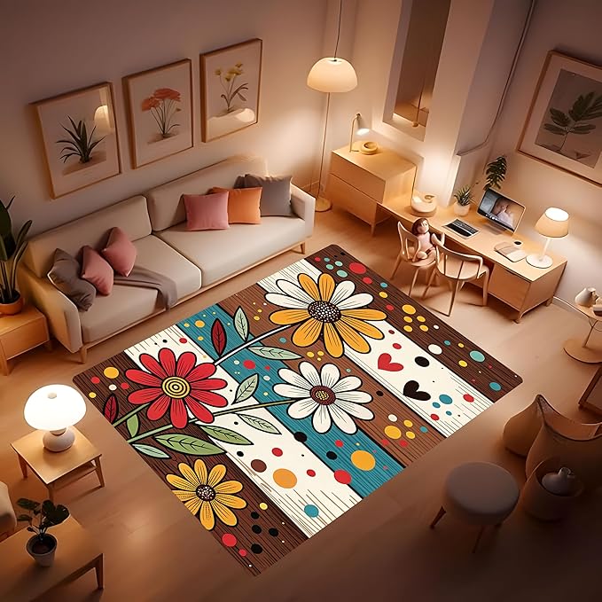 Machine Washable 2' x 3' Bohemian-Style Area Rug, Flowers Floor mat, Suitable for bedrooms, Girls' Room Bedside, Living Room, Dining Room, Office, Non-Slip Low-Pile Retro, Fashionable Carpet
