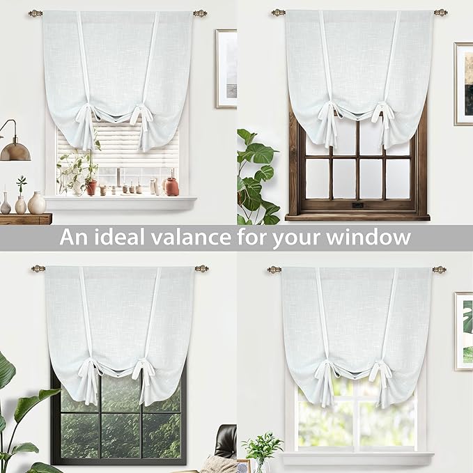 DriftAway Double Layer Linen Blackout Tie Up Curtains Thermal Insulated Fully Lined Balloon Roman Shade Bathroom Window Adjustable Rod Pocket for Small Window 39 Inch by 55 Inch White