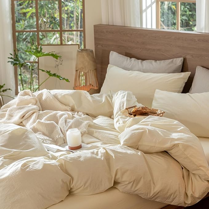 MooMee Wavy Striped Duvet Cover Set 100% Washed Cotton Linen Like Textured Breathable Durable Soft Comfy (Cream White, Cal King 104"x98")