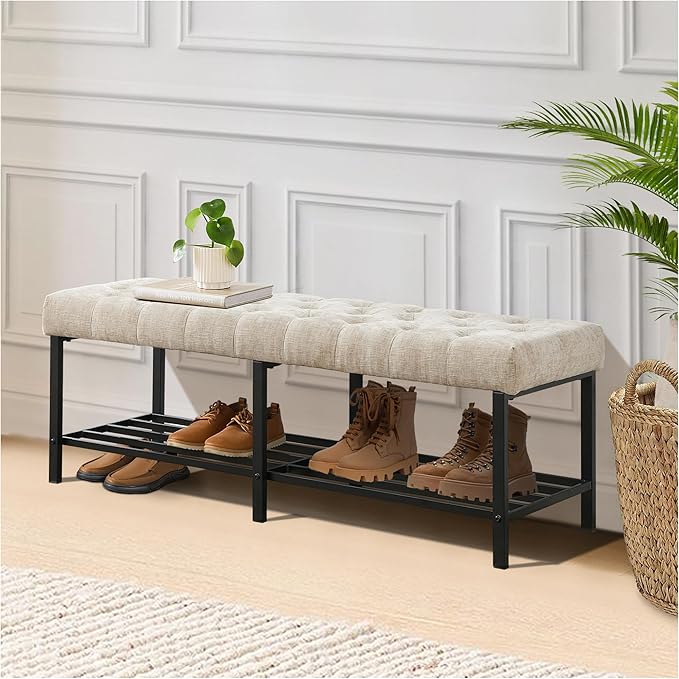 55.5" End of Bed Bench, Modern Chenille Button Tufted Bedroom Bench, Upholstered Storage Shoe Bench with Metal Base, Dinning Table Bench for Living Room, Bedroom, Entryway, Light Brown