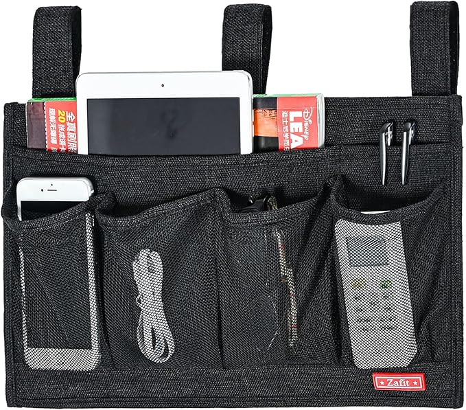 Zafit Linen Bedside Caddy, Bedside Storage Organizer for Hospital Beds, College Dorm Rooms or Baby Bed (6 Pockets-Black)