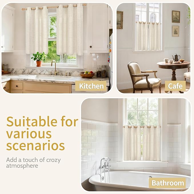 YoungsTex Linen Cafe Curtains 36 Inch Length with Bronze Grommet, Short Drapes Light Filtering Semi Sheer Privacy for Kitchen Bathroom Decorative, 42 x 36 Inch, 2 Panels