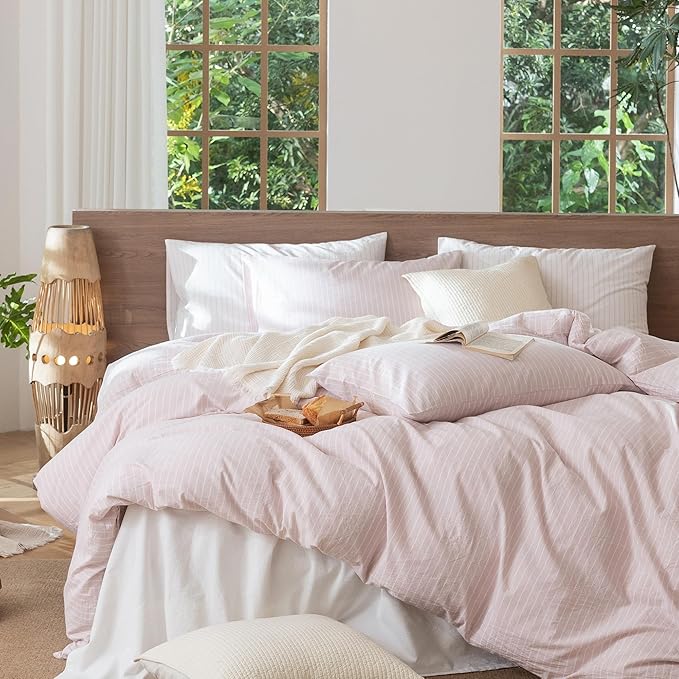 MooMee Striped Duvet Cover Set 100% Washed Cotton Linen Like Textured Breathable Durable Soft Comfy (Heathered Greyish Pink White Wide Stripes, Cal King 104"x98")
