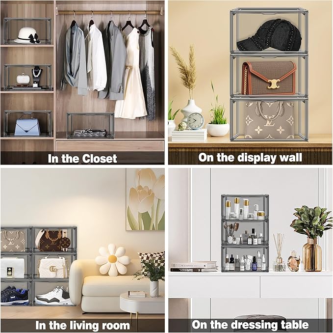 2 Pack Acrylic Shoe Box for Closet Clear Stackable Size 12 Shoe Storage Bins with Magnetic Lids, Stackable Boot Handbag Organizer Containers for Shoes, Figure, Collectible, Purse
