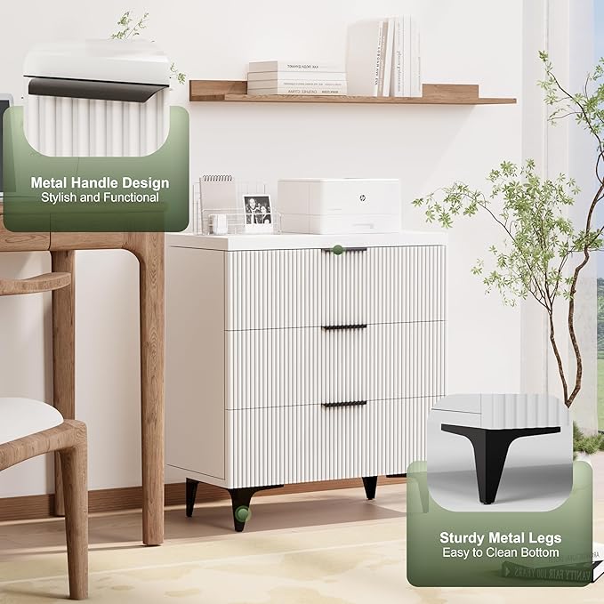 Royal Windsor Fluted Nightstand with 3 Drawers, Side End Table, Accent Storage Cabinet,Modern Night Stand Bedside Table for Bedroom,White