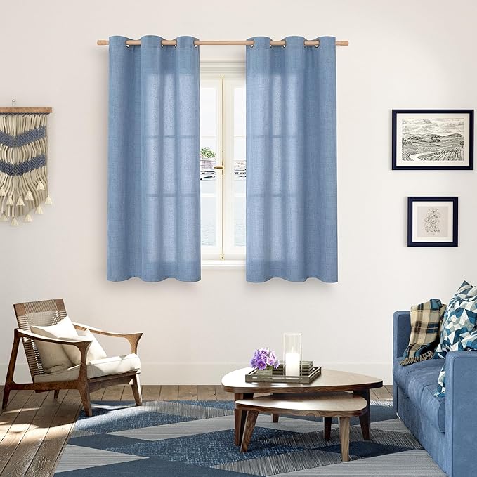 YoungsTex Denim Blue Linen Curtains 48 Inches Long for Short Window, Semi Sheer Drapes with Bronze Grommet Privacy Light Filtering for Bedroom Living Room Kitchen, 42 x 48 Inch, 2 Panels