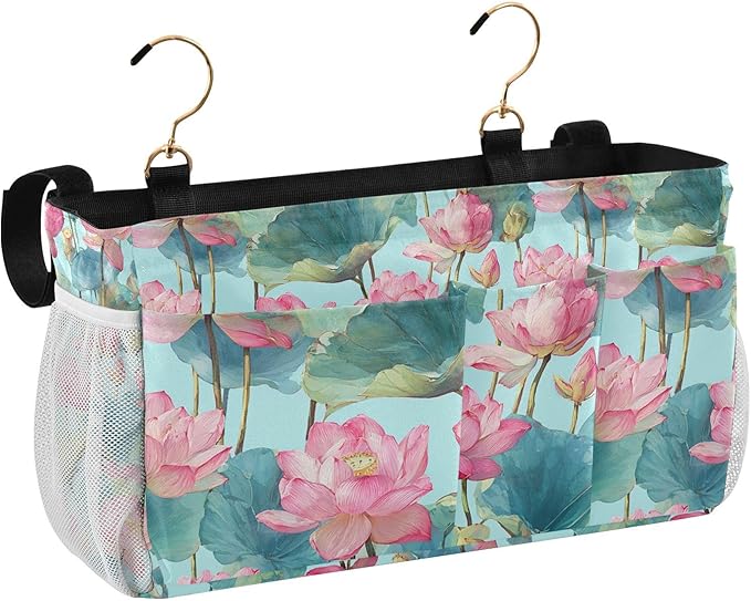 Bedside Caddy Hanging Bunk Bed Caddy Bed Organizer Hanging Pocket with 2 Hooks Bedside Storage Organizer Pocket Bag Holder Pastel Lotus Leaf Stem Floral