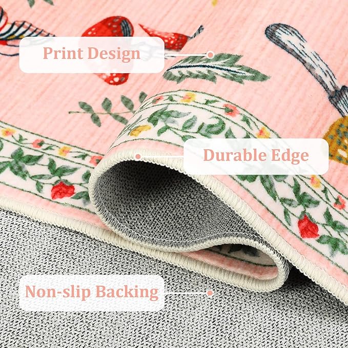 Mushroom Insect 8x10 Area Rugs, Washable Rugs for Living Room Non Slip Stain Resistant Low Pile Modern Butterfly Carpet for Bedroom Dining Room Nursery Playroom Office, Light Pink